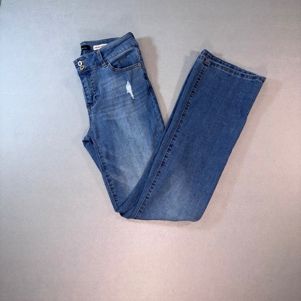 BCBGeneration Womens Mid Rise Bootcut Distressed Jeans Blue Size 7/28